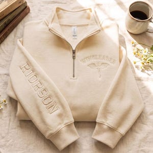 May include: A cream-colored quarter-zip sweatshirt featuring the embroidered text RIORSON on the right sleeve and WINGLEADER with a dragon graphic on the chest. The garment has a metal zipper, ribbed cuffs, and a high collar.