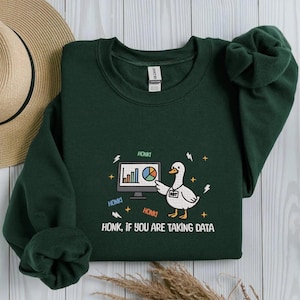 Könnte beinhalten: Dunkelgrünes Sweatshirt mit einer Grafik einer weißen Ente, die auf einen Computerbildschirm mit Diagrammen zeigt. Der Text "HONK!" und "HONK, IF YOU ARE TAKING DATA" sind ebenfalls auf dem Sweatshirt.