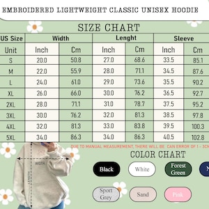 Puede incluir: Tabla de tallas para una sudadera con capucha unisex cl&aacute;sica ligera bordada. La tabla incluye medidas en pulgadas y cent&iacute;metros para el ancho, largo y largo de manga, desde la talla S hasta la 5XL. Colores: negro, blanco, verde bosque, azul marino, gris deportivo, arena y rosa.