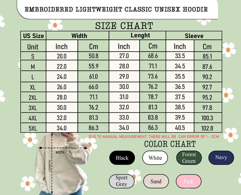 Puede incluir: Tabla de tallas para una sudadera con capucha unisex cl&aacute;sica ligera bordada. La tabla incluye medidas en pulgadas y cent&iacute;metros para el ancho, largo y largo de manga, desde la talla S hasta la 5XL. Colores: negro, blanco, verde bosque, azul marino, gris deportivo, arena y rosa.