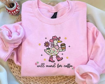 Moletom bordado "Will Mand For Coffee", presente para terapeuta ABA, camiseta engraçada para BCBA, moletom com gola redonda para RBT, educação especial, suéter Cowboy Goose