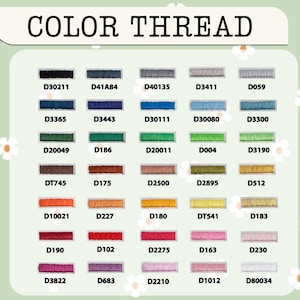 May include: A color thread chart featuring thirty rectangular swatches arranged in six rows of five. Each swatch displays a unique thread color with its corresponding alphanumeric code printed directly below it. The title reads COLOR THREAD.