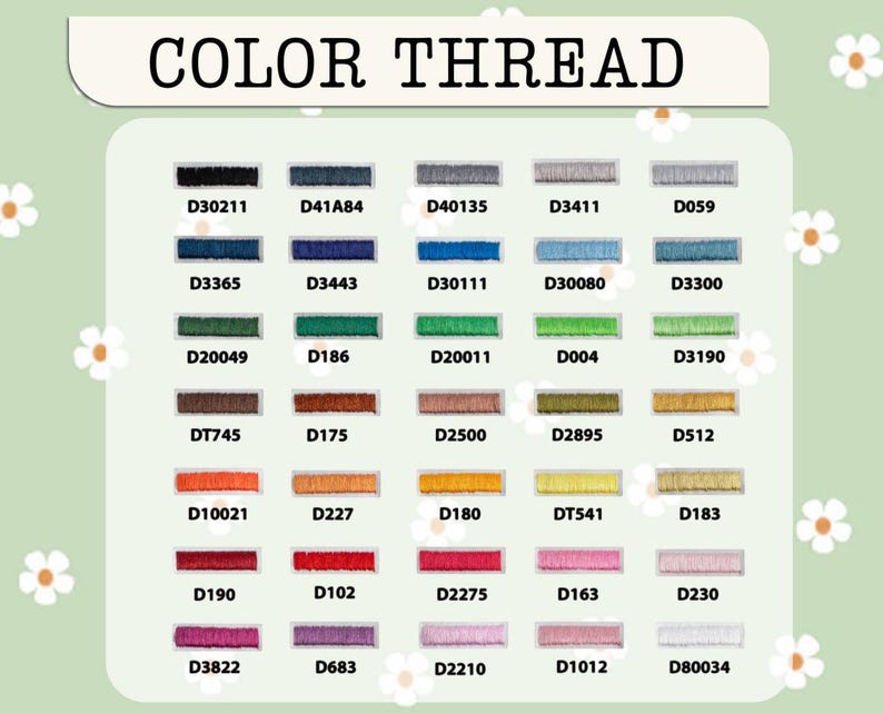 May include: A color thread chart featuring thirty rectangular swatches arranged in six rows of five. Each swatch displays a unique thread color with its corresponding alphanumeric code printed directly below it. The title reads COLOR THREAD.