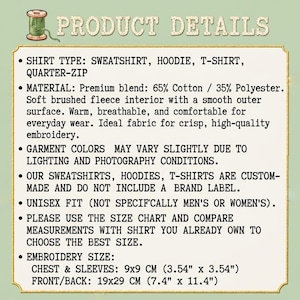 May include: A product details information card featuring a spool of green thread icon and the header PRODUCT DETAILS. The text lists garment types, a 65% cotton and 35% polyester blend, unisex fit, and embroidery dimensions of 9x9 cm and 19x29 cm.