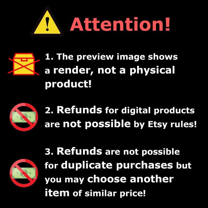 Pu&ograve; includere: Sfondo nero con un segnale di avvertimento giallo e la parola "Attention!" in rosso. Il testo indica che l'immagine di anteprima &egrave; un rendering, i rimborsi per i prodotti digitali non sono possibili e i rimborsi non sono possibili per acquisti duplicati.