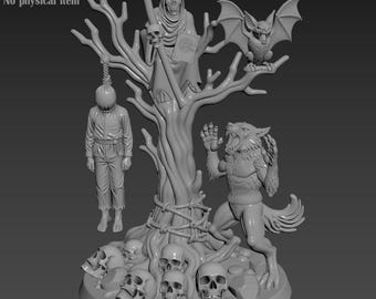 Tree of Death Diorama – Grim Reaper, Werewolf, Bat Gothic Horror Scene Model for 3D Printing | Dark STL Set | Digital Download