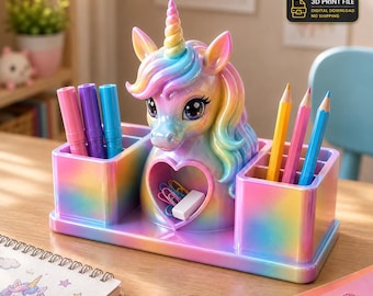 Unicorn Desk Organizer STL | Kids Pencil Holder | Rainbow Unicorn Organizer | 3D Print File | Instant Download | No Shipping