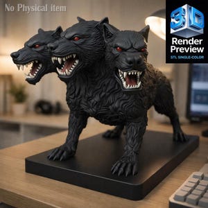 Puede incluir: Estatua negra de Cerbero con tres cabezas gruñonas y ojos rojos. La criatura mítica está sobre una base negra, con las palabras "Render Preview" y "STL SINGLE-COLOR" en la esquina superior derecha. Las palabras "No Physical item" están en la esquina superior izquierda.