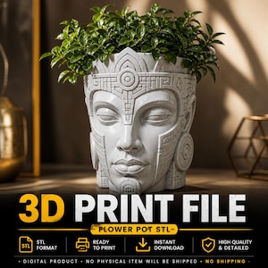 May include: A white, decorative flower pot in the shape of a stylized face, filled with green leafy plants. The pot features detailed geometric patterns and is labeled "3D PRINT FILE" with "FLOWER POT STL" text. The image also includes text indicating it is a digital product.