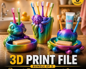 Kids Bathroom Organizer STL Bundle | 3 in 1 Set | Single Color | Toothbrush Holder | Soap Dish | 3D Print Models | Digital Download