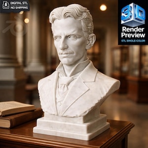 以下が含まれることがあります： 口ひげとスーツを着た男性の白い大理石の胸像。胸像は長方形の台座にあり、木製のテーブルに置かれています。胸像は3Dレンダリングプレビューです。「DIGITAL STL NO SHIPPING」というテキストが左上にあります。