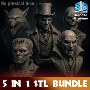 Puede incluir: Una representación digital de cinco figuras clásicas de terror: un hombre lobo, un vampiro, el monstruo de Frankenstein, un zombi y un hombre con sombrero de copa. El texto "5 IN 1 STL BUNDLE" está en la parte inferior, con "Render Preview" en la parte superior derecha.