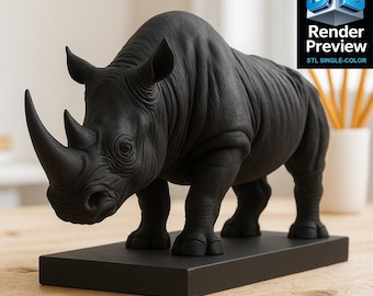 Rhino STL – Single-Color High-Detail Rhinoceros Statue with Base | Realistic Animal 3D Model | Digital Download