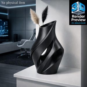 May include: A black, modern vase with a unique, swirling design. The vase has two openings and holds two decorative stems, one beige and one black. The image includes the text "Render Preview STL SINGLE-COLOR".