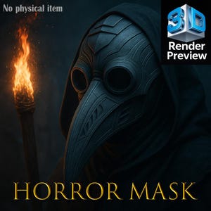 May include: A black plague doctor mask with a long beak and circular eye holes. The mask has detailed patterns. A burning torch is visible to the left. The words "HORROR MASK" are at the bottom. A 3D render preview is also visible.