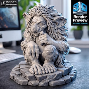 May include: A grey, detailed 3D-printed sculpture of a troll-like creature, seated on a stone base. The figure has large ears, long hair, and is holding a finger to its mouth. The image includes the text "Render Preview STL SINGLE-COLOR".