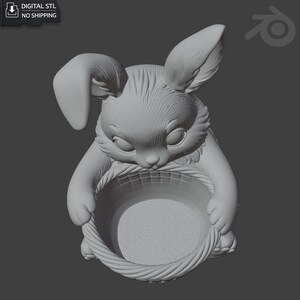 May include: A 3D-rendered, gray bunny figurine with a basket. The bunny has large ears, a detailed fur texture, and is looking down at the basket it holds. The basket has a woven design. The text "DIGITAL STL NO SHIPPING" is in the top left corner.
