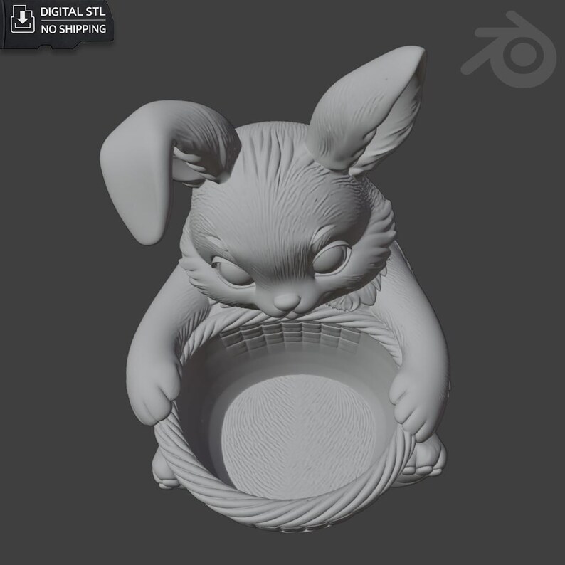 May include: A 3D-rendered, gray bunny figurine with a basket. The bunny has large ears, a detailed fur texture, and is looking down at the basket it holds. The basket has a woven design. The text "DIGITAL STL NO SHIPPING" is in the top left corner.