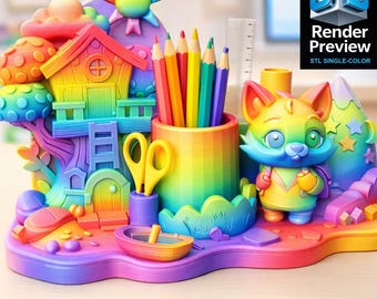May include: A colorful 3D-printed desk organizer featuring a rainbow-colored treehouse, pencils, scissors, and a fox figurine. The design includes a small boat and a ruler. The text "Render Preview" and "STL SINGLE-COLOR" are visible.