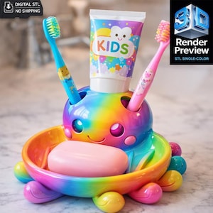May include: A multi-coloured octopus-shaped toothbrush holder with a pink soap bar. It features a smiling face and holds a tube of "KIDS" toothpaste and two toothbrushes. The text "DIGITAL STL NO SHIPPING" is in the top left corner.