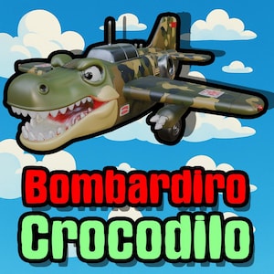 May include: A cartoon-style airplane with a crocodile head, camouflage wings, and the text "Bombardiro Crocodilo" in red and green. The background is a blue sky with white clouds.