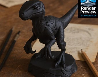 Peut inclure: Figurine noire de vélociraptor, debout sur une base texturée. Le dinosaure présente des détails précis et est posé de manière dynamique. L'image comprend le texte "Render Preview STL SINGLE-COLOR".