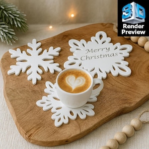 May include: White snowflake-shaped coasters with a cup of coffee on a wooden board. One coaster has "Merry Christmas" text. The coffee has a heart-shaped design in the foam. Decorative holiday theme.