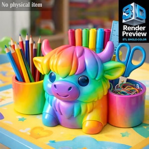 May include: A colorful desk organizer shaped like a Highland cow, with rainbow-colored fur and a smiling face. The organizer holds pencils, markers, scissors, and rubber bands. The text "Render Preview" is visible.