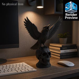 Puede incluir: Una estatua de cuervo negro con las alas extendidas posada sobre una calavera. La estatua está sobre un escritorio de madera con un teclado, un ratón y libros. Se ven las palabras "No physical item" y "Render Preview".