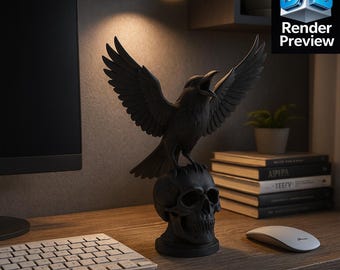 Puede incluir: Una estatua de cuervo negro con las alas extendidas posada sobre una calavera. La estatua está sobre un escritorio de madera con un teclado, un ratón y libros. Se ven las palabras "No physical item" y "Render Preview".