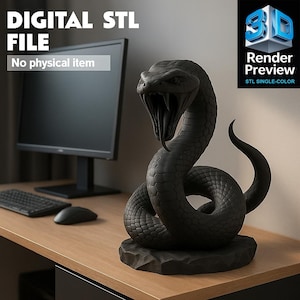 May include: A black 3D-printed snake sculpture with an open mouth, displayed on a wooden desk. The sculpture is a digital STL file, as indicated by the text in the image. The snake is coiled and rests on a textured base.