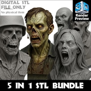 May include: A digital STL file bundle featuring five detailed zombie busts. The image showcases a variety of undead characters with open mouths, exposed teeth, and decaying features. The text reads "DIGITAL STL FILE ONLY" and "5 IN 1 STL BUNDLE".