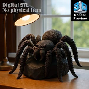 May include: A detailed, dark grey spider sculpture with long, hairy legs and a textured body, perched on a dark grey rock. The image includes the text "Digital STL No physical item" and "Render Preview".