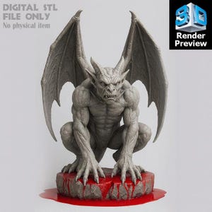 May include: A gray gargoyle sculpture with large wings, horns, and a menacing expression, perched on a blood-red stone base. The image includes the text "DIGITAL STL FILE ONLY No physical item" and "Render Preview".