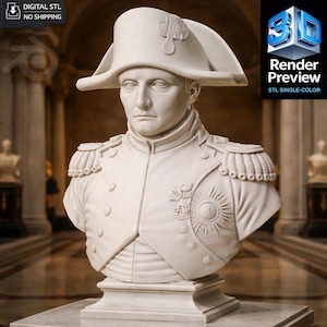 May include: A white bust of a historical figure, wearing a bicorne hat and military uniform. The bust is on a pedestal, with the words "Render Preview" and "STL SINGLE-COLOR" in the upper right corner. The words "DIGITAL STL NO SHIPPING" are in the upper left corner.