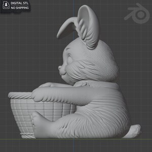 May include: A 3D-rendered image of a seated bunny holding a basket. The bunny has large ears and a fluffy body. The basket is woven. The image includes the text "DIGITAL STL" and "NO SHIPPING".