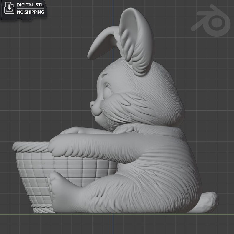 May include: A 3D-rendered image of a seated bunny holding a basket. The bunny has large ears and a fluffy body. The basket is woven. The image includes the text "DIGITAL STL" and "NO SHIPPING".