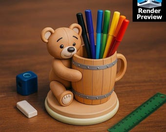 Cute Bear Pen Holder – Kawaii Animal Pencil Organizer Model for 3D Printing | Kids Desk Decor | Digital Download