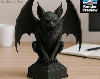 Pode incluir: Uma estátua de gárgula preta com grandes asas, dentes afiados e uma expressão ameaçadora. A estátua está colocada sobre uma base quadrada. O texto na imagem diz "DIGITAL STL FILE ONLY No physical item" e "Render Preview".