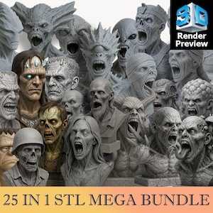 May include: A collection of gray monster busts with open mouths and various facial expressions. The image includes a 3D render preview logo and the text "25 IN 1 STL MEGA BUNDLE" in yellow.