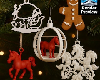 Christmas Ornament Bundle – Horse, Santa, Gingerbread, Snowflake Models for 3D Printing | Holiday Decor | Digital Download