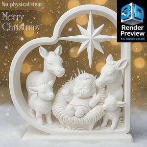 Puede incluir: Un belén navideño blanco con un marco en forma de corazón. La escena incluye un bebé en un pesebre, rodeado de animales y una estrella. Se ven las palabras "Merry Christmas".