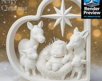 Kerststal STL – Baby Jezus 3D-model met dieren | Feestdecoratie | Afdrukbaar standbeeld in één kleur | Digitale download