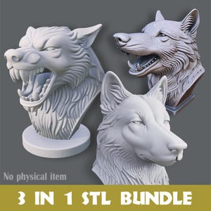 May include: Three white wolf bust sculptures, each with detailed fur and facial features. One wolf has an open mouth with visible teeth. The image includes the text "3 IN 1 STL BUNDLE" and "No physical item".