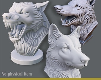 May include: Three white wolf bust sculptures, each with detailed fur and facial features. One wolf has an open mouth with visible teeth. The image includes the text "3 IN 1 STL BUNDLE" and "No physical item".