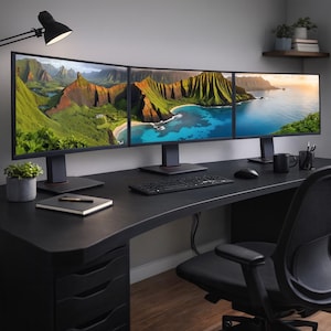 May include: A black desk with three curved computer monitors displaying a scenic landscape. A keyboard, mouse, and notebook are on the desk. A black desk lamp and a potted plant are also visible.