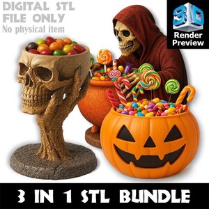 May include: A Halloween-themed digital STL file bundle featuring a skull-shaped bowl filled with colorful candies, a cauldron, and a jack-o'-lantern. The image includes the text "DIGITAL STL FILE ONLY No physical item" and "3 IN 1 STL BUNDLE". A 3D render preview is also included.