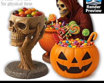 Könnte beinhalten: Ein Halloween-Themen-Digital-STL-Datei-Bundle mit einer schädelartigen Schale voller bunter Süßigkeiten, einem Kessel und einem Kürbis. Das Bild enthält den Text "DIGITAL STL FILE ONLY No physical item" und "3 IN 1 STL BUNDLE". Eine 3D-Render-Vorschau ist ebenfalls enthalten.