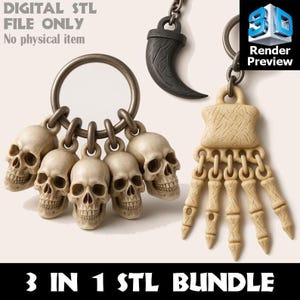 May include: A collection of 3D-printed keychain charms. The charms include a set of five skull pendants, a black horn, and a bone hand. The text "3 IN 1 STL BUNDLE" is at the bottom, and "DIGITAL STL FILE ONLY" is at the top.