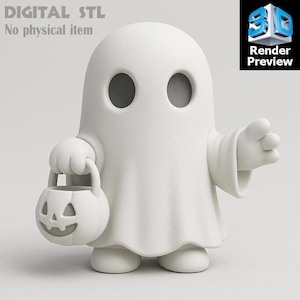 May include: A white, 3D-rendered ghost figure holding a jack-o'-lantern bucket. The ghost has large, dark eye sockets and a friendly gesture. Text at the top reads "DIGITAL STL No physical item" and "Render Preview" in the upper right.